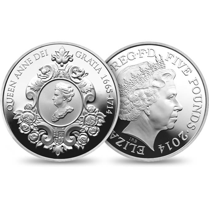 300th Anniversary of Queen Anne 2014 UK £5 Silver Coin