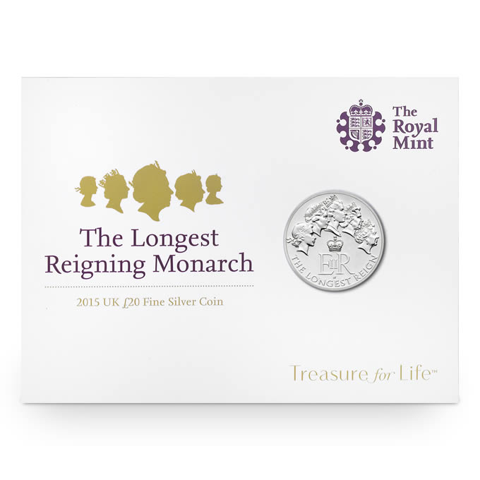 The Longest Reigning Monarch £20 Fine Silver Coin, Great Britain, 2015, 15.71g, .999