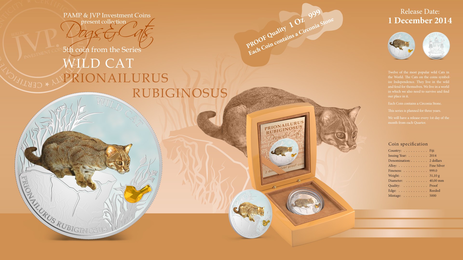 Fiji 2014 Dogs & Cats V Wild Cat Prionailurus Rubiginosus 1 Oz Silver Proof Coin